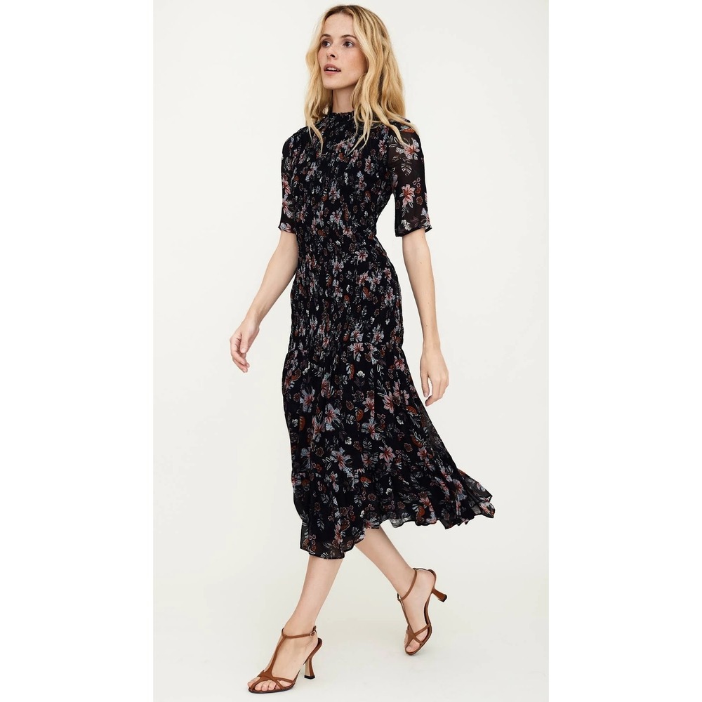 VERONICA BEARD Gabi Maxi Dress Sz 2 Black Floral Ruffles Flowy‎ Flounce Hem Chic